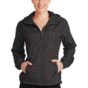 Sport-Tek ®  Ladies Heather Colorblock Raglan Hooded Wind Jacket. LST40