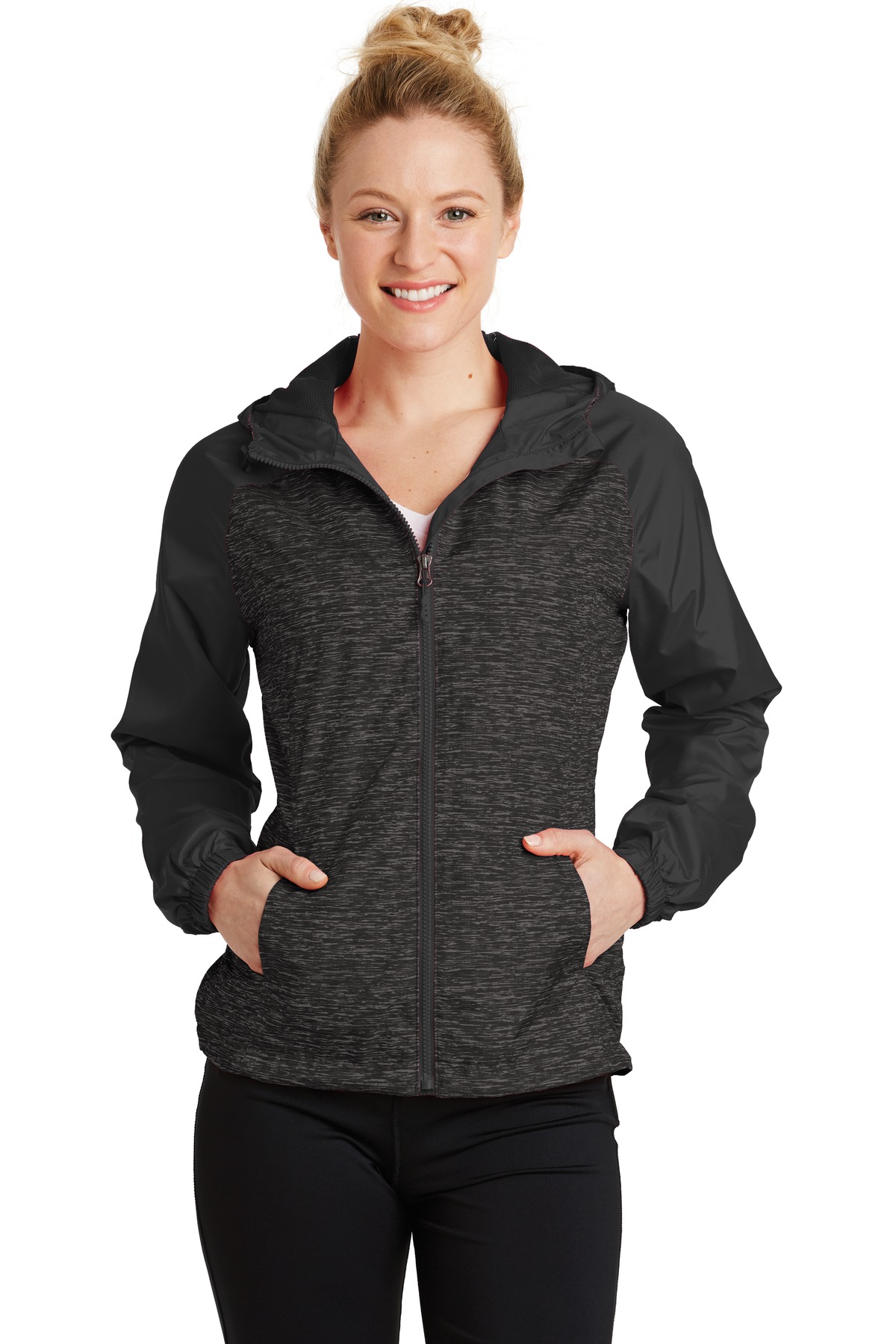 Sport-Tek ®  Ladies Heather Colorblock Raglan Hooded Wind Jacket. LST40