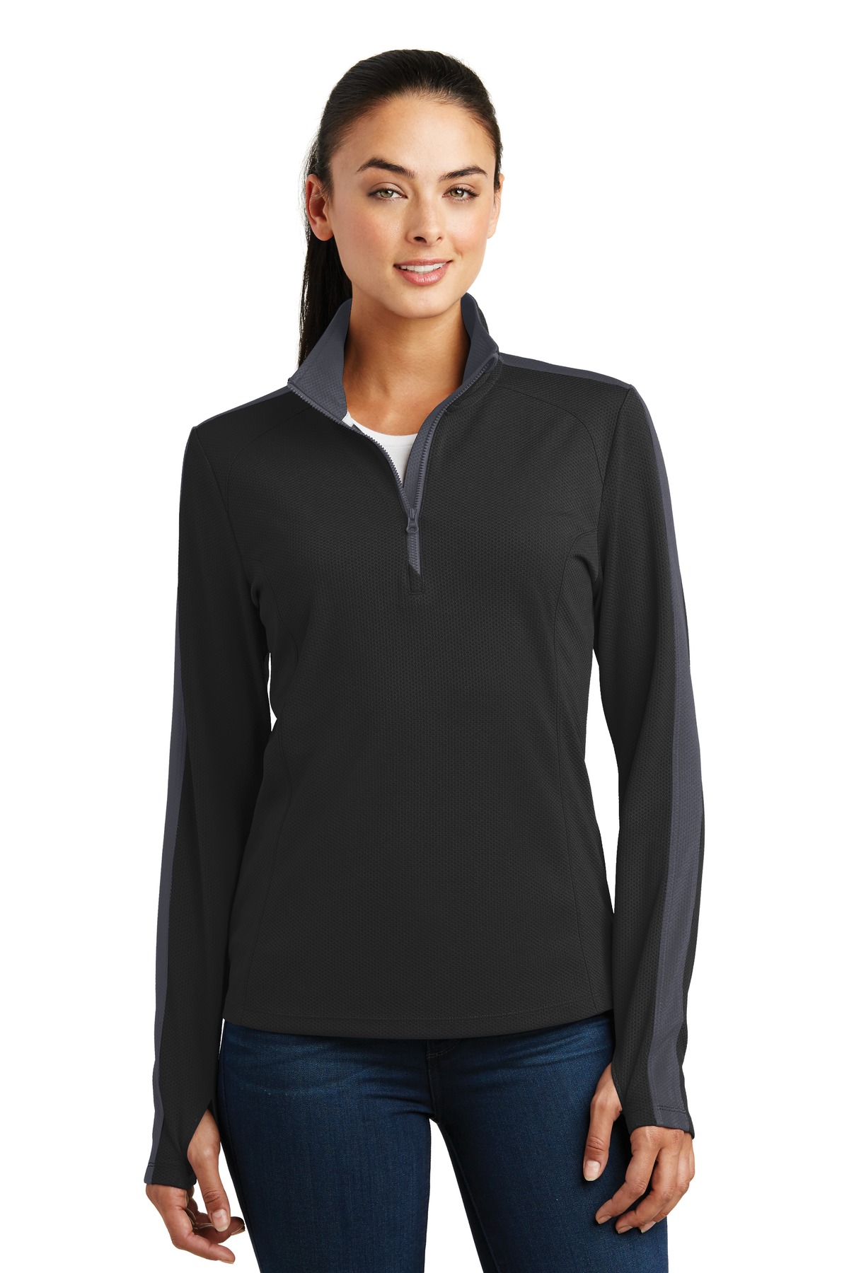 Sport-Tek ®  Ladies Sport-Wick ®  Textured Colorblock 1/4-Zip Pullover. LST861