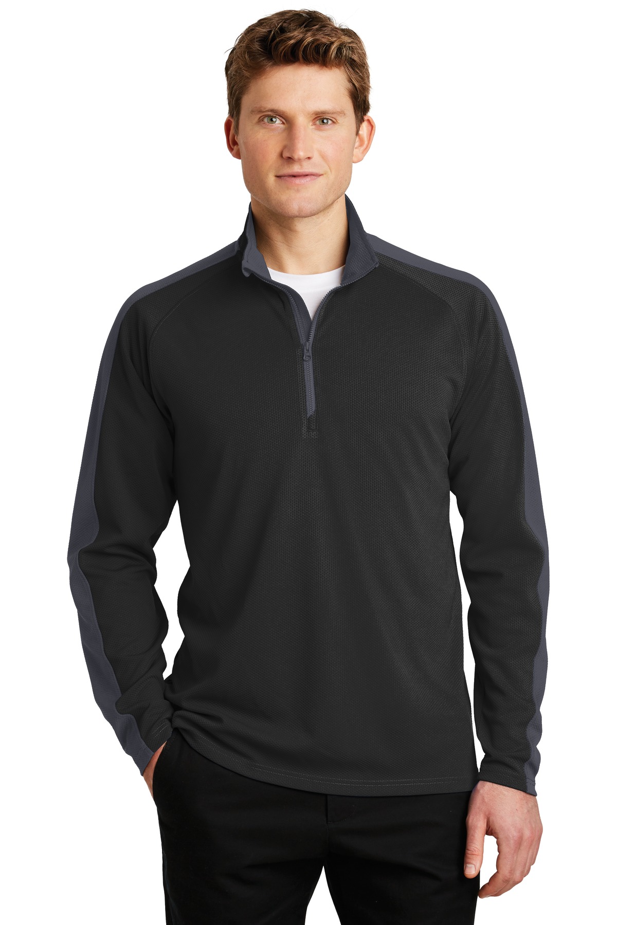 Sport-Tek ®  Sport-Wick ®  Textured Colorblock 1/4-Zip Pullover. ST861